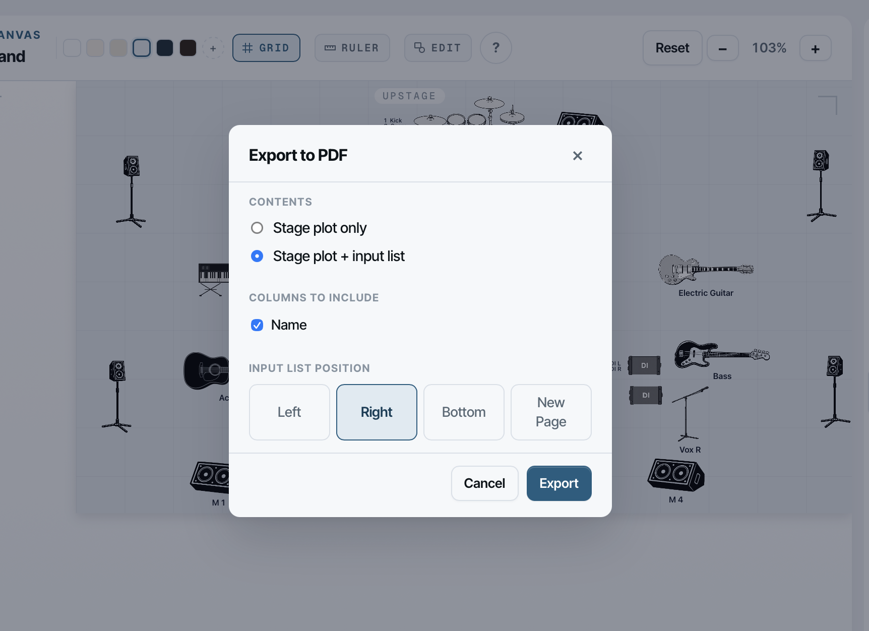 StagePlot Live export modal: choose stage-only or stage + input list, position the channel sheet on left/right/bottom/new page, pick which columns to print.