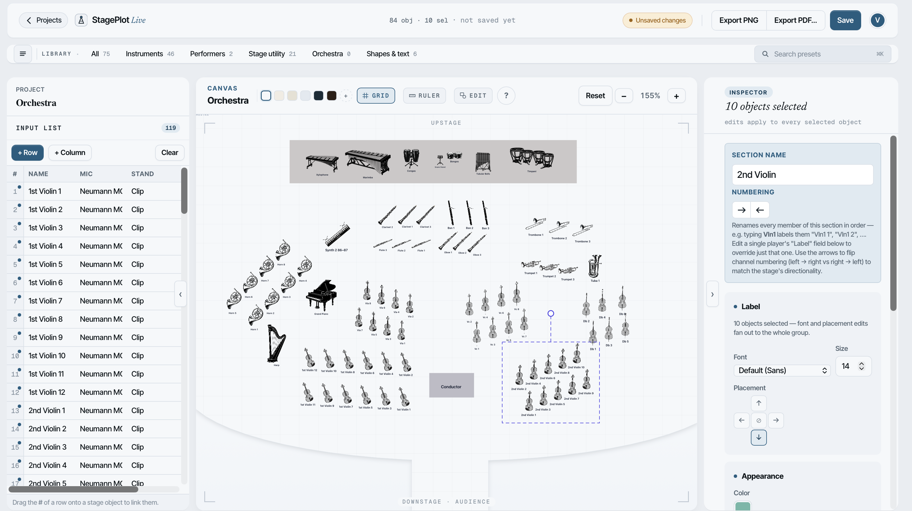 A complete orchestra stage plot built in StagePlot Live: violins, violas, cellos and basses by desk pair, woodwinds in two rows, brass and percussion behind, conductor downstage center.